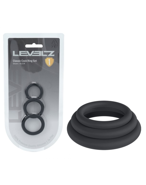 LEVELZ Classic Silicone Cock Ring Set - XS/S/M - Black Cock Rings - Set of 3 Sizes