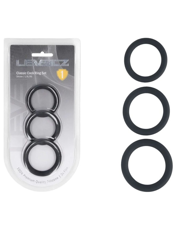 LEVELZ Classic Silicone Cock Ring Set - L/XL/XXL - Black Cock Rings - Set of 3 Sizes LEVELZ Classic Silicone Cock Ring Set - L/XL/XXL - Black Cock Rings - Set of 3 Sizes