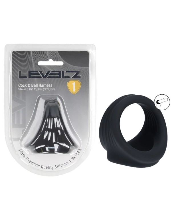 LEVELZ Silicone Cock & Ball Harness - Black - Black Cock & Ball Ring