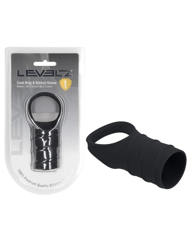 LEVELZ Silicone Cock Ring & Ribbed Sleeve - Black Cock Ring with Sleeve LEVELZ Silicone Cock Ring & Ribbed Sleeve - Black Cock Ring with Sleeve
