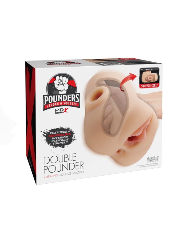 PDX Plus Double Pounder Vibrating Squeeze Stroker - Flesh - Flesh USB Rechargeable Vibrating Vagina Stroker