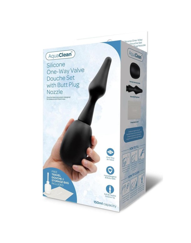 AquaClean Silicone 1-Way Valve Douche Set with Butt Plug Nozzle