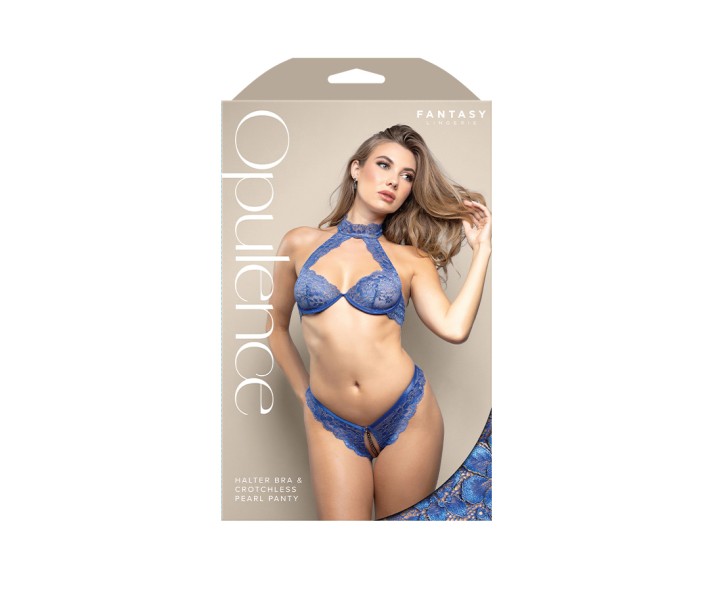OPULENCE Halter Bralette & Crotchless Pearl Panty SM - Royal Blue - S/M Size OPULENCE Halter Bralette & Crotchless Pearl Panty SM - Royal Blue - S/M Size