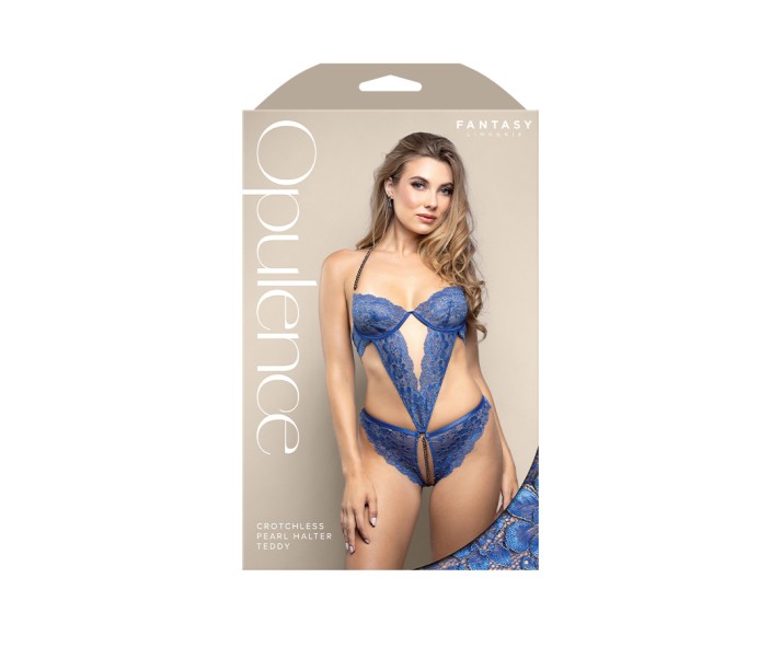OPULENCE Crotchless Pearl Halter Teddy SM - Royal Blue - S/M Size OPULENCE Crotchless Pearl Halter Teddy SM - Royal Blue - S/M Size