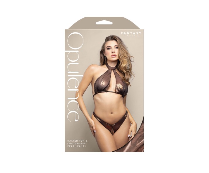 OPULENCE Halter Top & Crotchless Pearl Panty SM - Chocolate - S/M Size OPULENCE Halter Top & Crotchless Pearl Panty SM - Chocolate - S/M Size