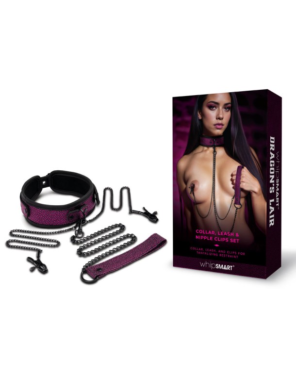 WhipSmart Dragons Lair Collar, Leash & Nipple Clips Set